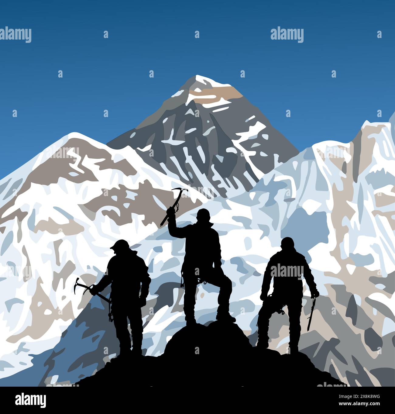 Mont Everest et Nuptse du côté népalais comme vu de Kala Patthar pic avec silhouette noire de trois grimpeurs avec glace hache en main, vecteur illustrae Illustration de Vecteur