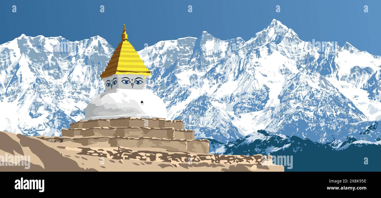 Stupa bouddhiste ou chorten dans les montagnes de l'himalaya, bouddhisme dans la vallée du Khumbu sous le mont Everest, Népal Illustration de Vecteur