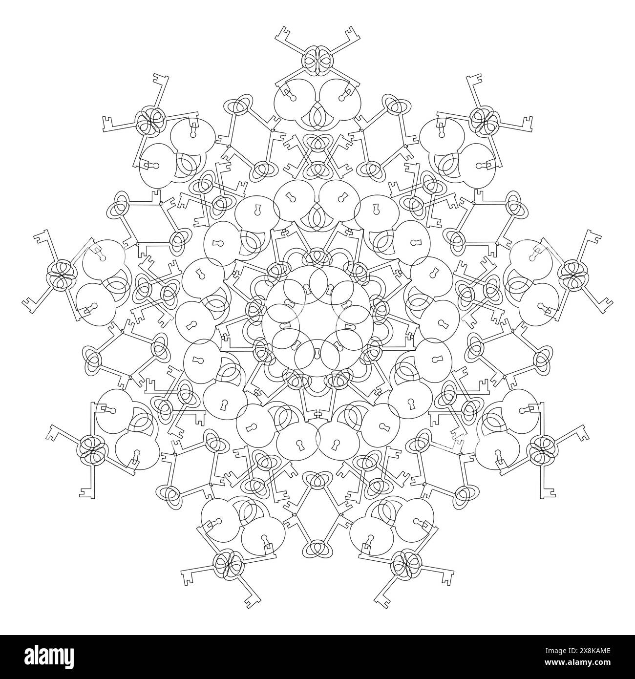 Mandala noir et blanc avec serrures et clés sur fond blanc Illustration de Vecteur