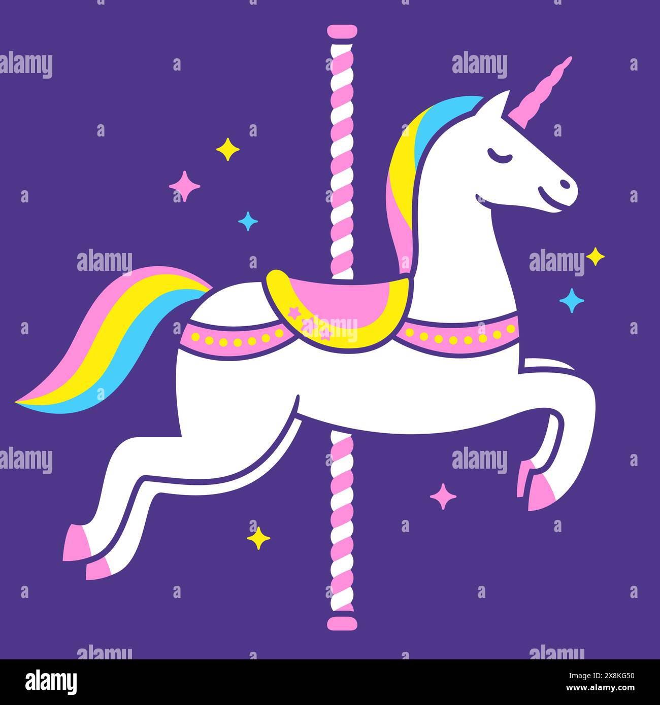 Illustration vectorielle de cheval de carrousel de licorne. Licorne blanche de dessin animé mignonne avec des étincelles arc-en-ciel sur fond violet. Illustration de Vecteur