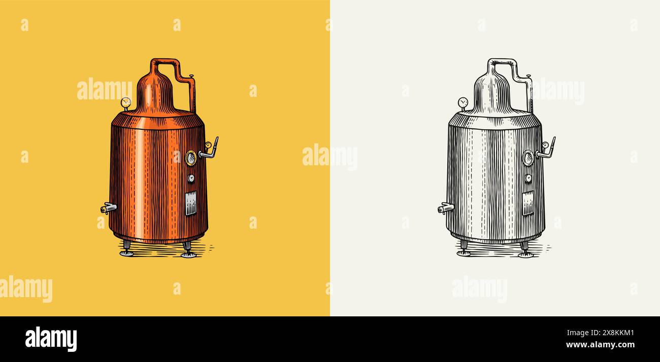 Alcool distillé. Dispositif de préparation de la tequila, du cognac et des spiritueux. Dessin vintage gravé à la main. Style de coupe de bois. Illustration vectorielle du menu Illustration de Vecteur