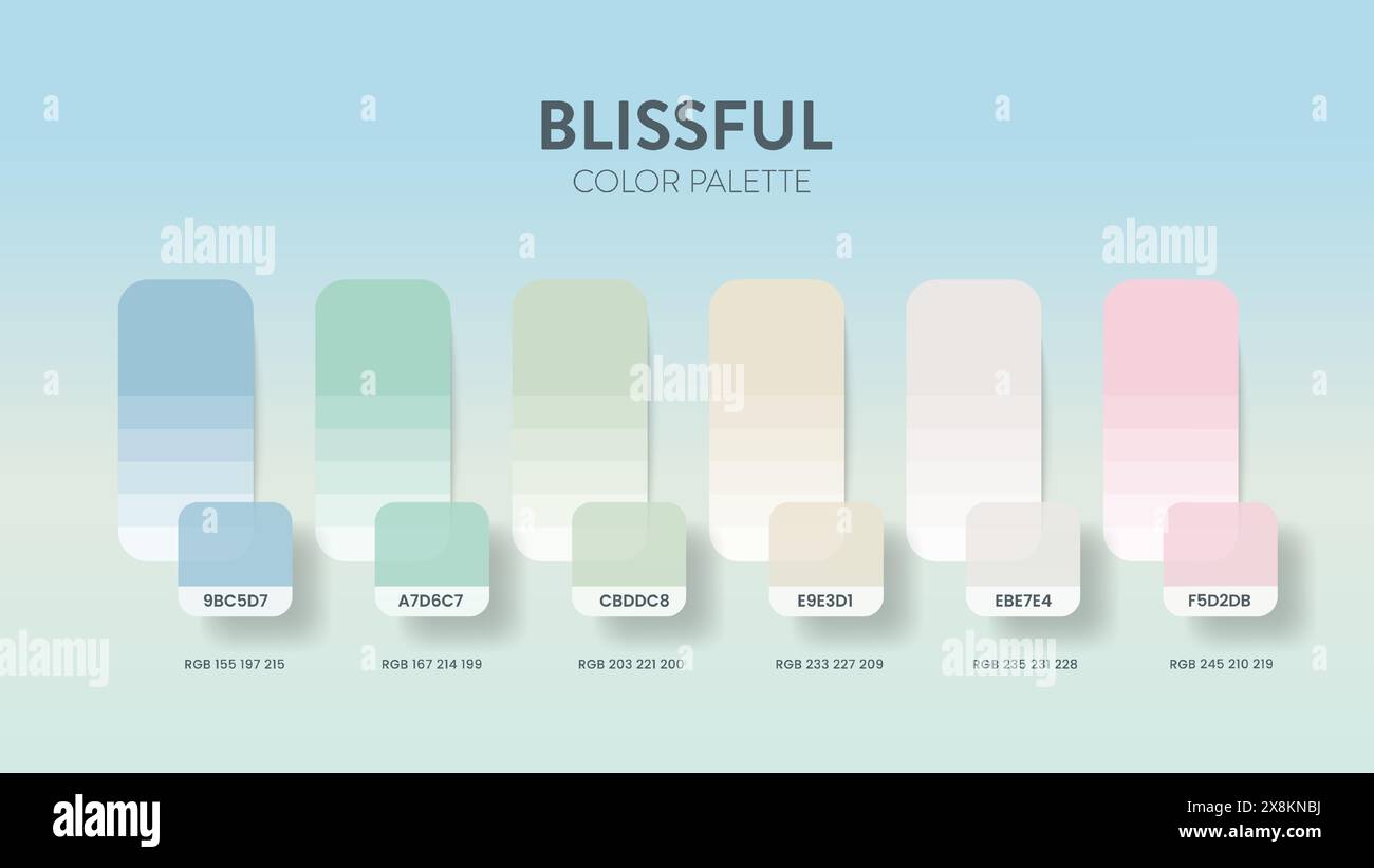 Guide de palette de couleurs dans les collections de thèmes de couleurs Blissful. Inspiration de couleur ou graphique avec modèle de codes. Combinaison de couleurs RVB. Nuances de couleurs pour g. Illustration de Vecteur