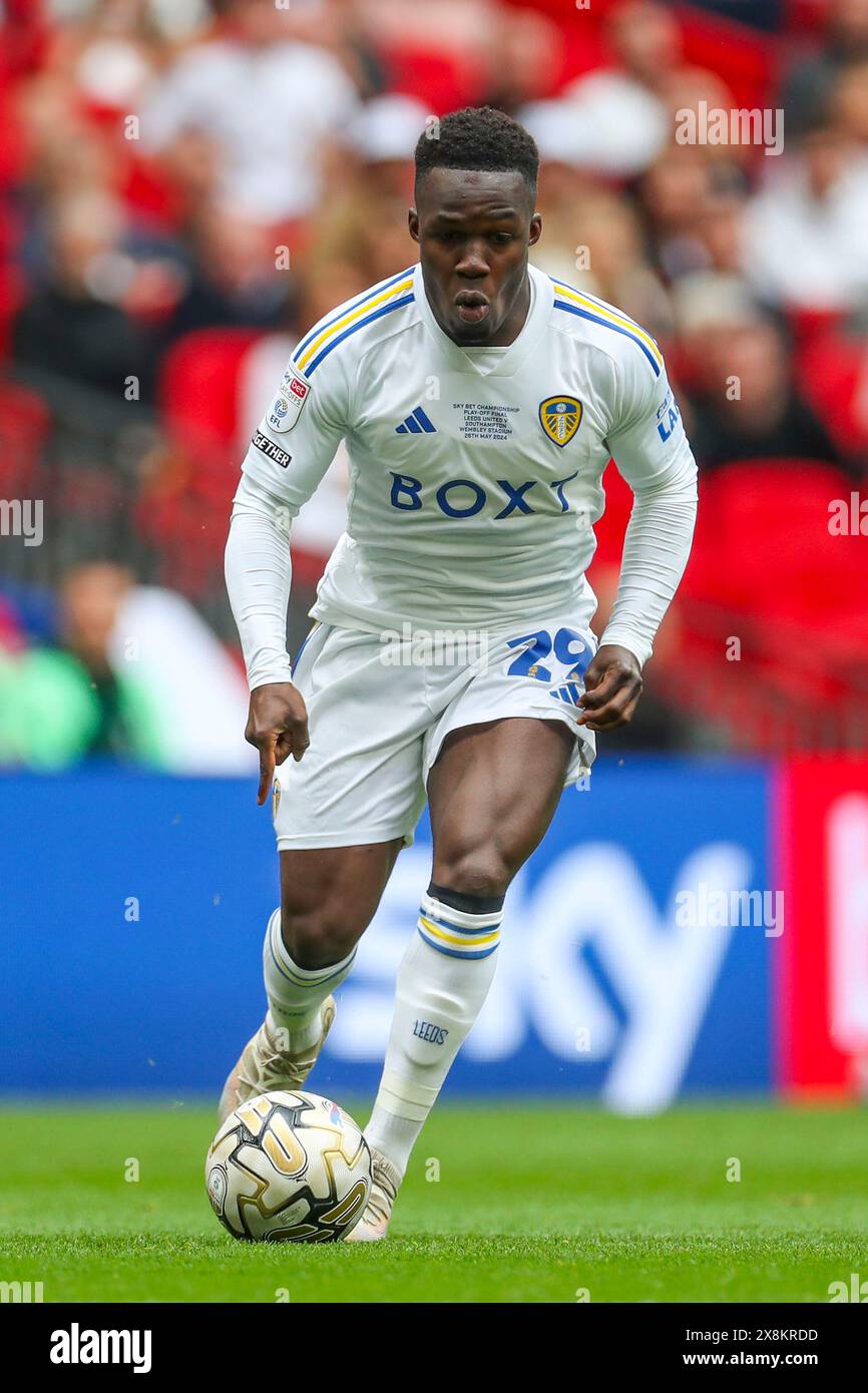 Londres, Royaume-Uni. 26 mai 2024. L'attaquant du Leeds United Wilfried Gnonto (29) lors de la finale des Play-Off du Leeds United FC contre Southampton FC SKY Bet EFL Championship au stade de Wembley, Londres, Angleterre, Royaume-Uni le 26 mai 2024 Credit : Every second Media/Alamy Live News Banque D'Images