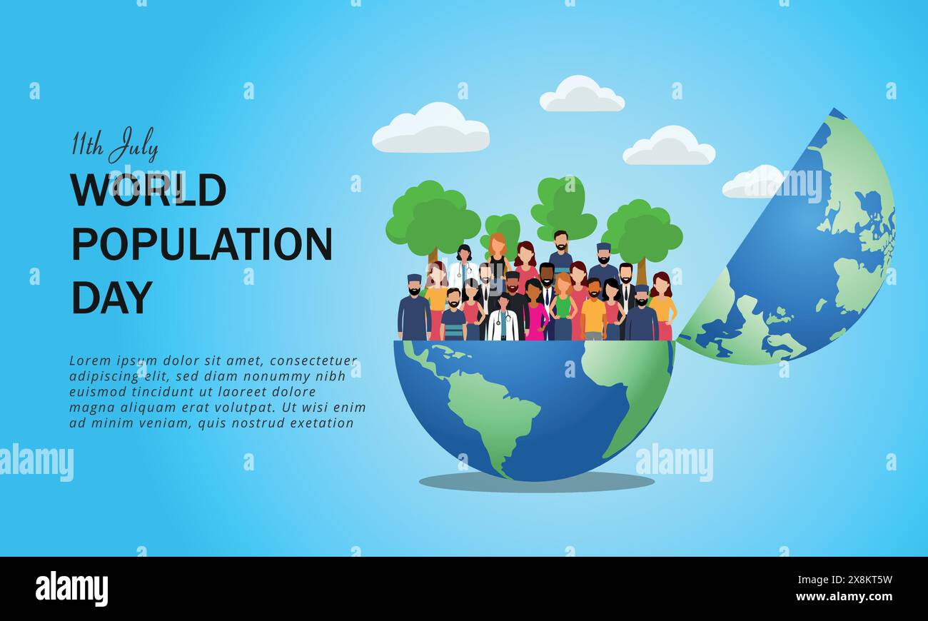 Illustration vectorielle plate de la Journée mondiale de la population avec la carte du monde, la terre et le groupe de personnes diverses colorées Illustration de Vecteur