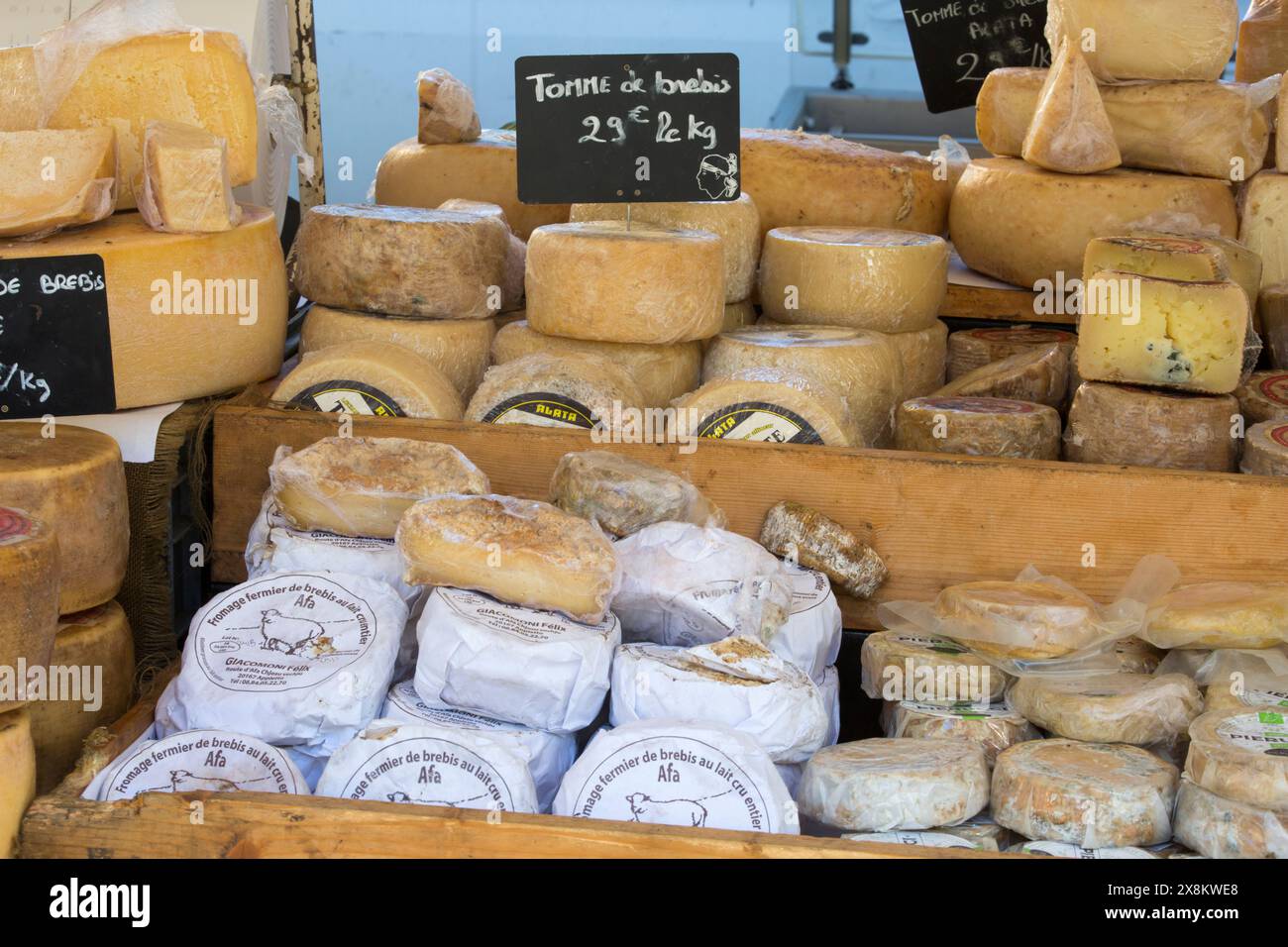 Ajaccio, Corse-du-Sud, Corse, France. Sélection de fromages de brebis en vente sur le marché traditionnel en plein air de la place Foch. Banque D'Images