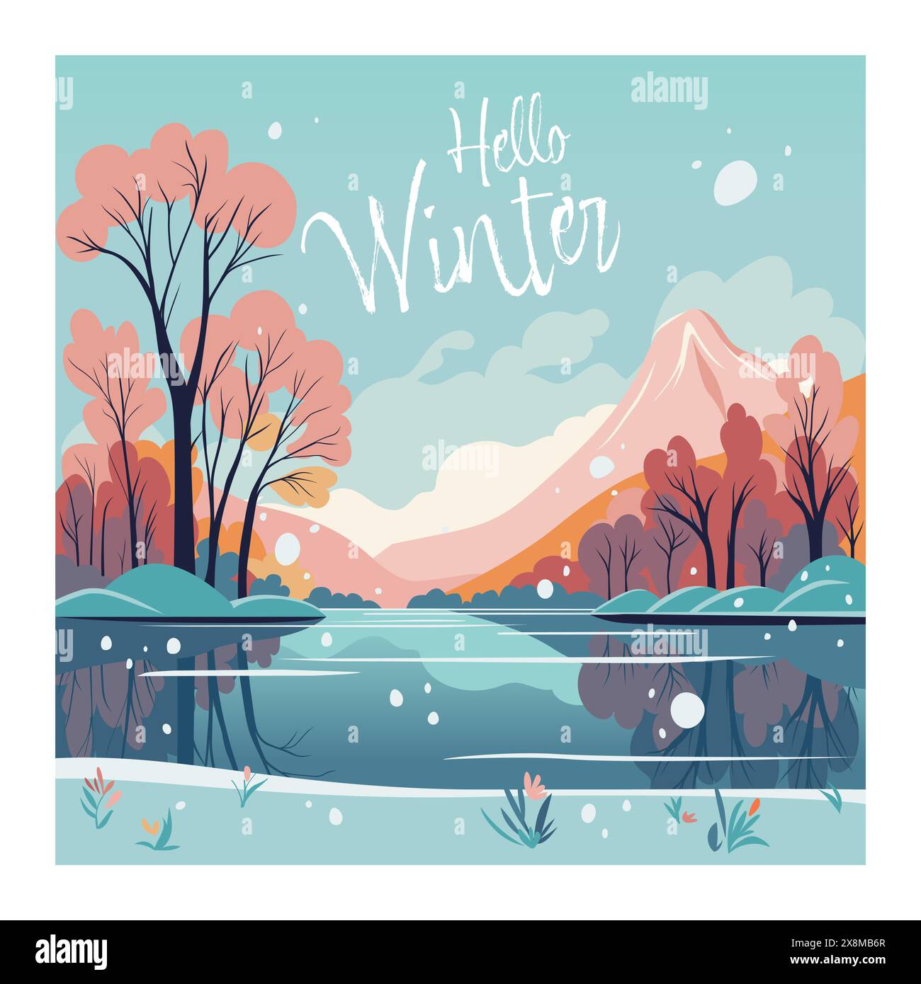 Concept poster paysage d'hiver avec collines enneigées et lac calme. Illustration vectorielle plate de paysage Illustration de Vecteur