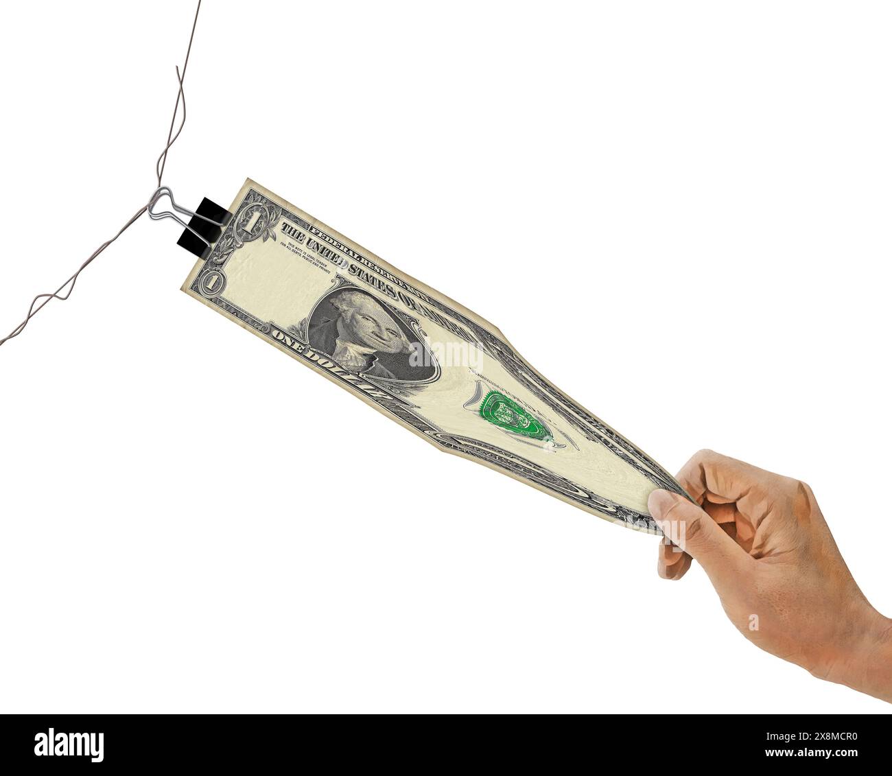Une main étire un dollar dans cette illustration en 3D sur le rythme de l'inflation dans l'économie. Ceci est isolé sur un fond blanc avec du texte Banque D'Images