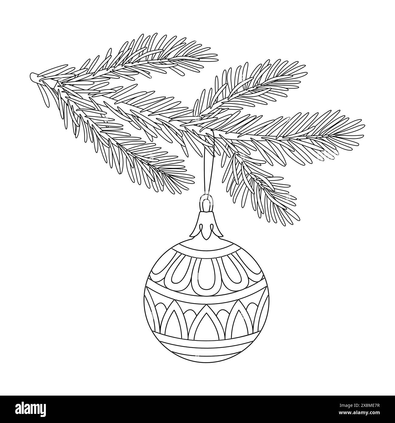 Branche d'arbre de Noël avec boule de noël. Boule style dessin au trait moderne. Décoration pour Noël, nouvel an et vacances. Style doodle dessiné à la main isolé sur blanc. Illustration vectorielle Illustration de Vecteur