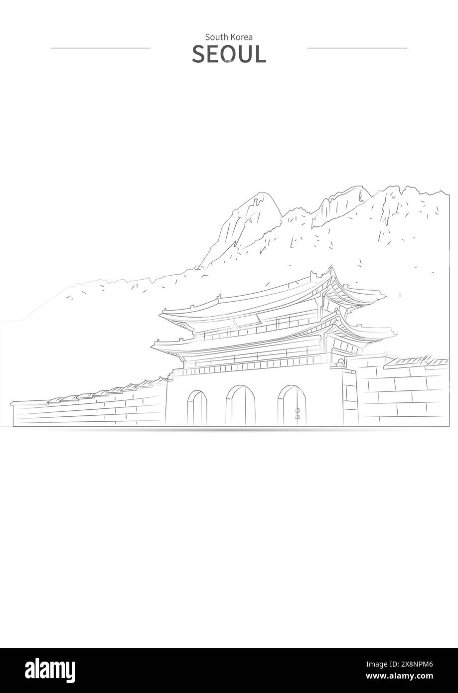 Vecteur de dessin de ligne de paysage urbain de corée du Sud. croquis de paysage urbain. illustration de repère de style esquisse. Illustration de Vecteur