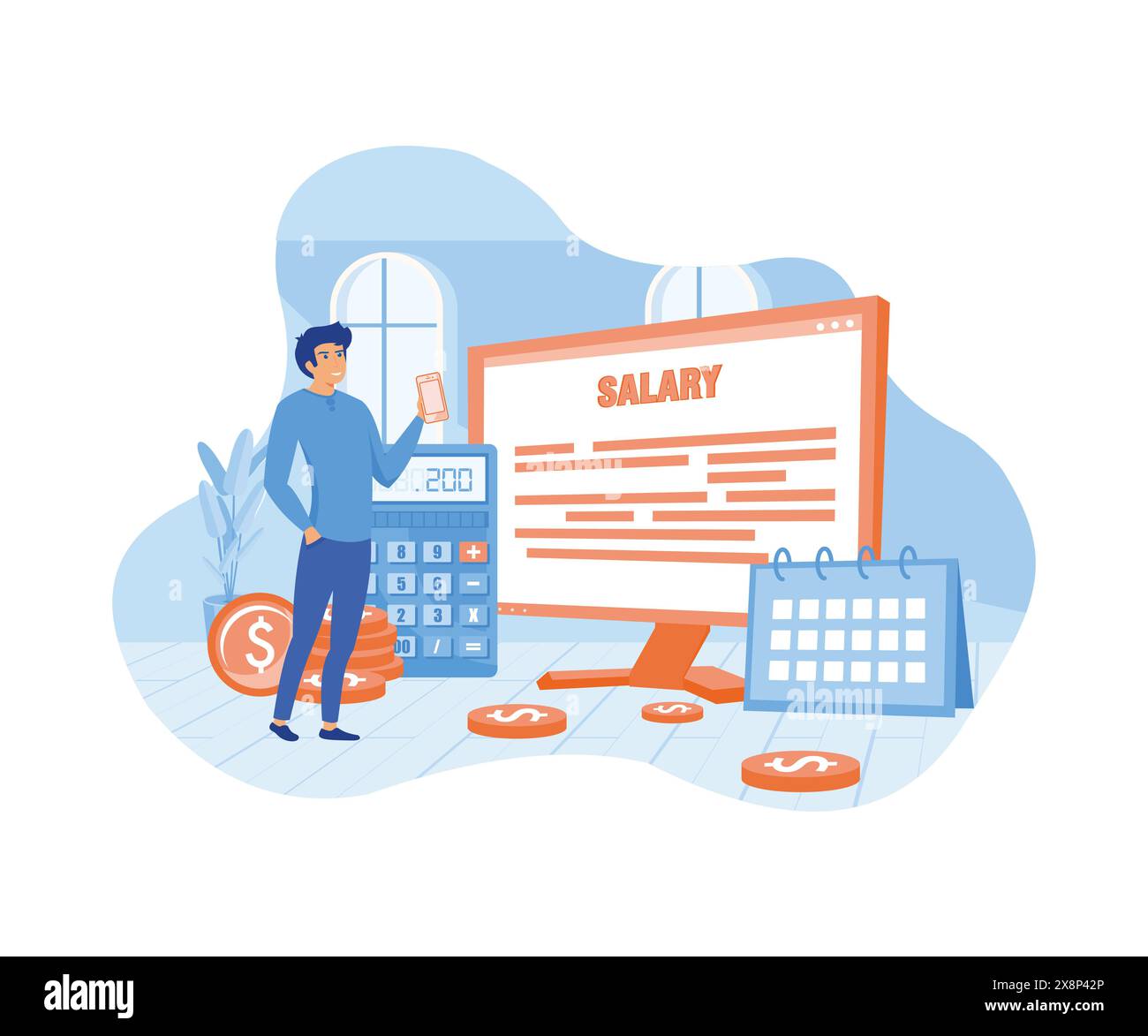 Concept salarial. Travailleur masculin regardant son salaire sur le téléphone portable tout en se tenant debout avec l'ordinateur , le calendrier, et pile de pièces de monnaie. vecteur plat illustr moderne Illustration de Vecteur