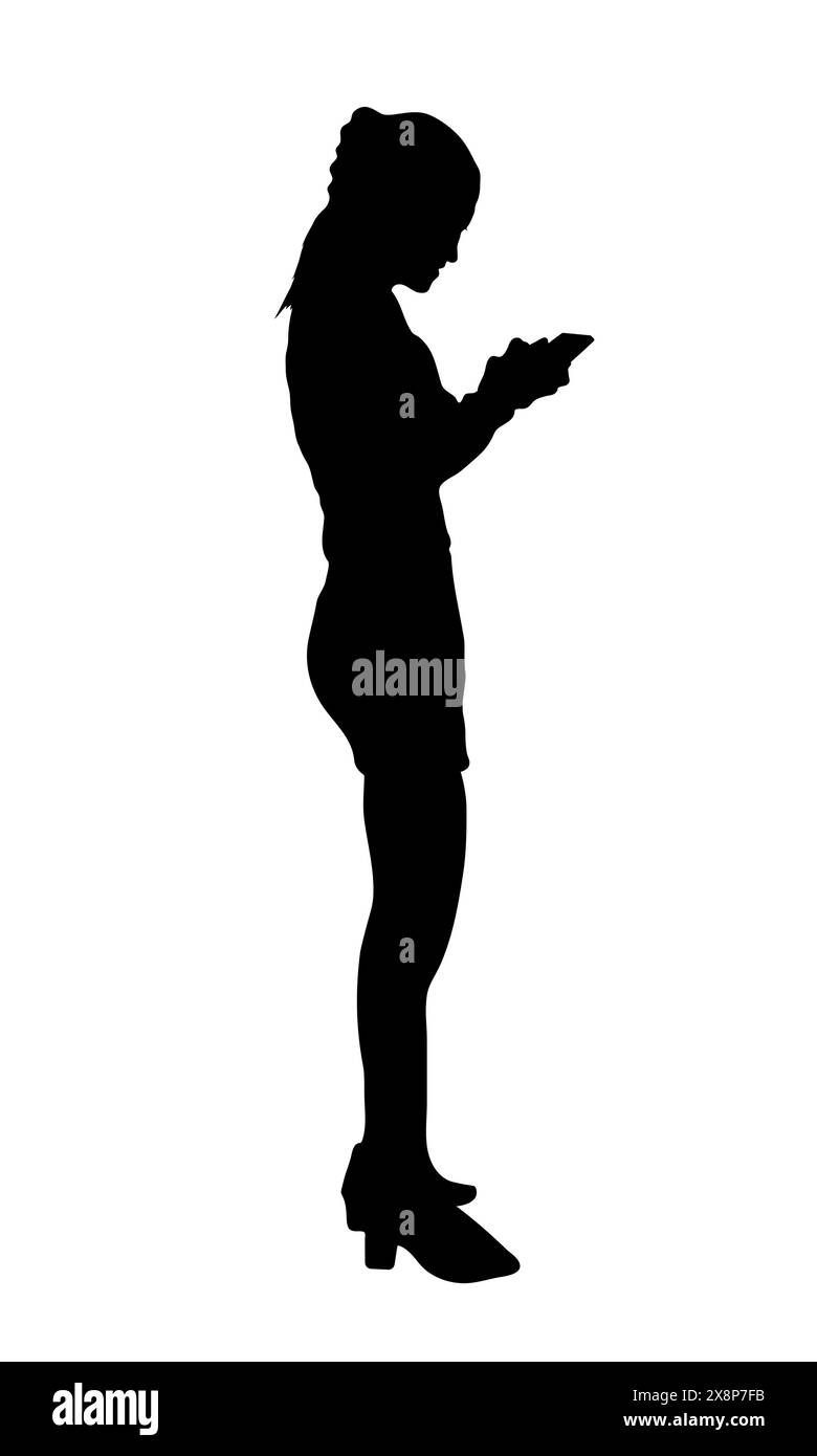 Silhouette d'une femme debout tenir smartphone, illustration vectorielle Illustration de Vecteur