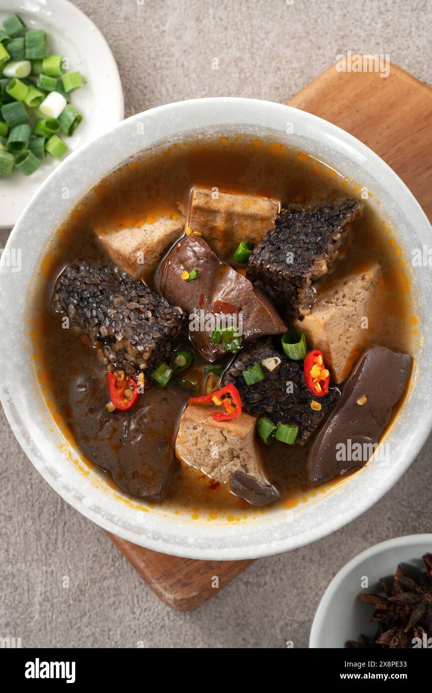 Bol à soupe épicé en gelée de canard et tofu piquant avec foutre de piment et de scallion. Banque D'Images