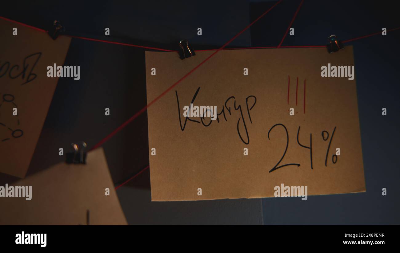 Notes avec fil rouge sur le tableau d'idées. Film de stock. Notes en gros plan avec inscriptions à bord avec rebus. Mystérieux tableau noir avec des notes et du rouge Banque D'Images