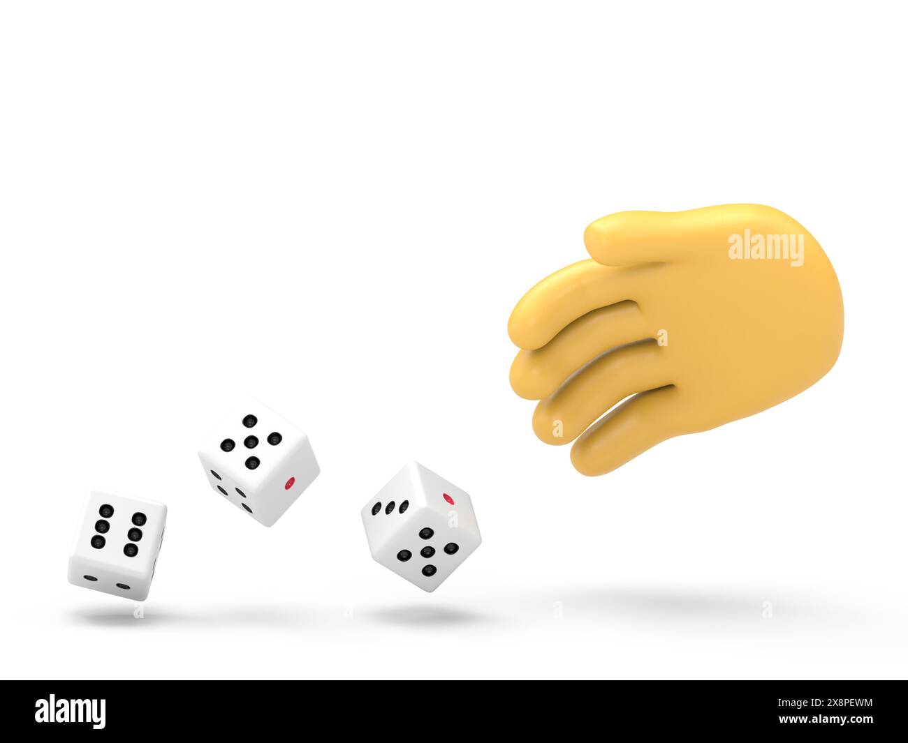 L'homme lance des dés. Modèle pour le jeu. Lancer des dés. Dés rouges sur la table. Homme avide personne. Concept Gambler. Jouer en Hand.3D rendu sur blanc Banque D'Images