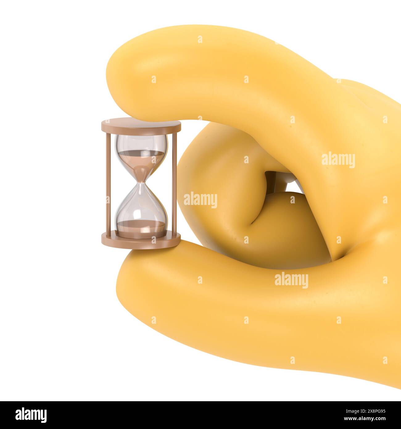 Maquette d'icône de geste de dessin animé. Icône en forme de sablier. Tenant le sablier dans la main. conception de dessins animés d'illustration 3d. Contrôle de la gestion du temps.renderi 3D. Banque D'Images