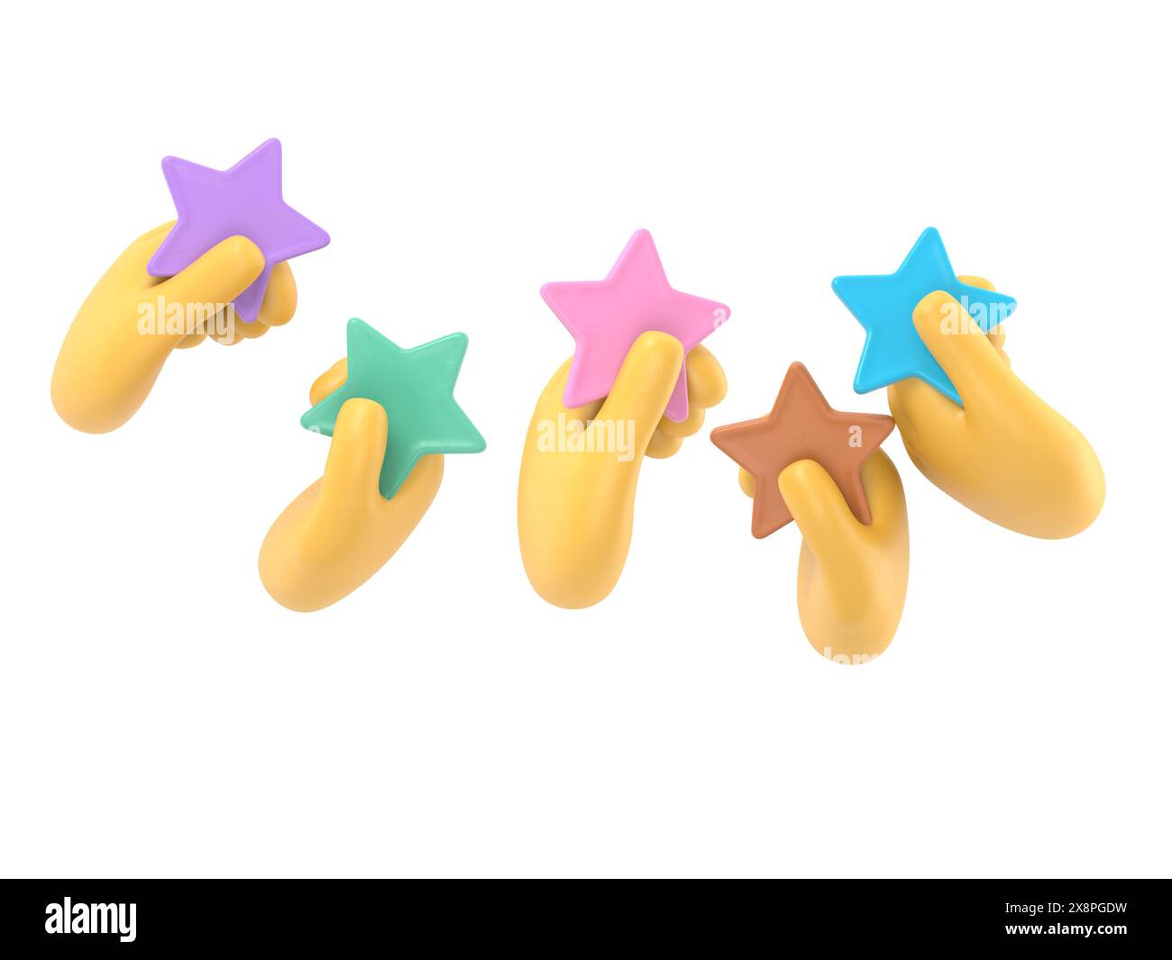 Illustration 3D de la main donnant cinq étoiles. Les clients choisissent une note de satisfaction et laissent des commentaires positifs. Concept de service à la clientèle et u Banque D'Images