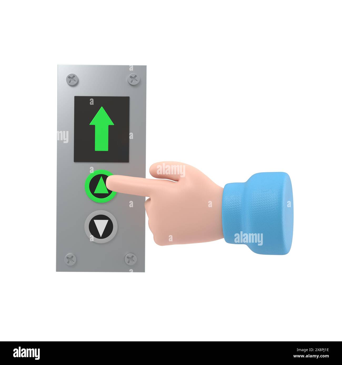 Homme d'affaires appuie sur le bouton de levage. conception plate d'illustration 3d. Appelez l'ascenseur. Flèche vers le haut. Montez au dernier étage. Doigt sur le bouton.rendu 3D activé Banque D'Images