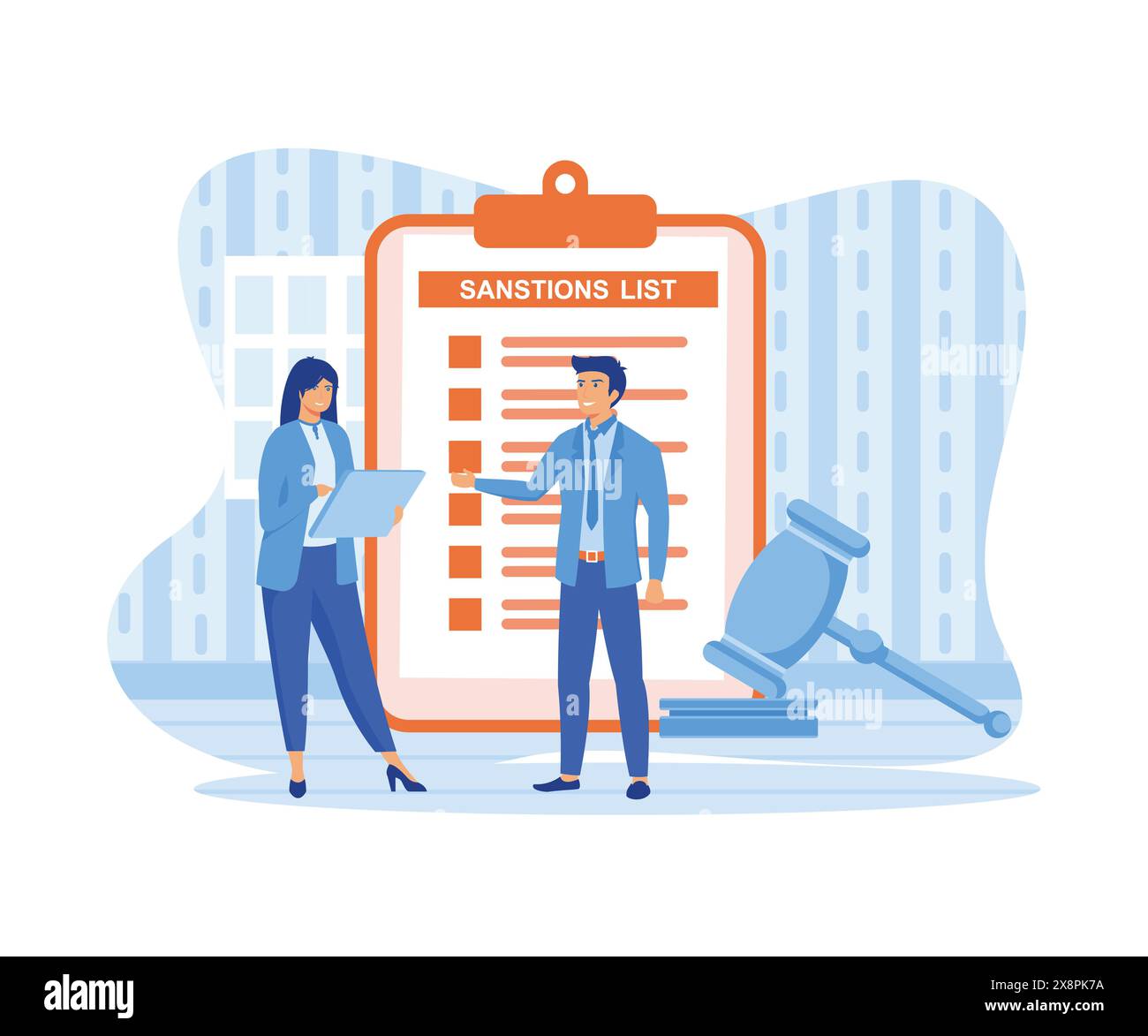 Notion de sanctions. Les gens d'affaires discutent de la liste des sanctions avec un marteau de loi. illustration moderne vectorielle plate Illustration de Vecteur