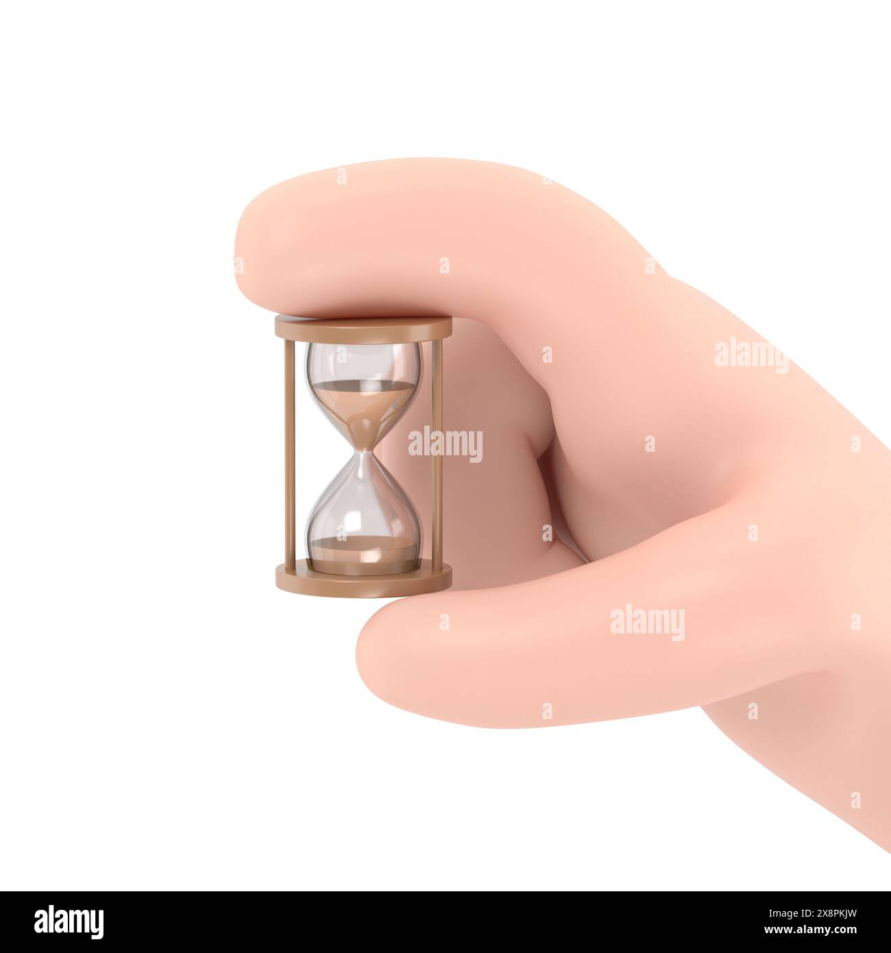 Maquette d'icône de geste de dessin animé. Icône en forme de sablier. Tenant le sablier dans la main. conception de dessins animés d'illustration 3d. Contrôle de la gestion du temps.renderi 3D. Banque D'Images