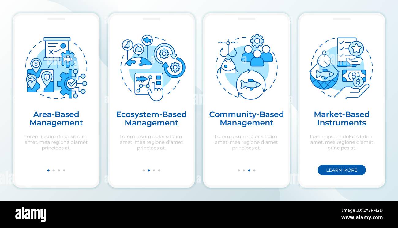 Écran bleu de l'application mobile Onboarding des types de stratégie de pêche Illustration de Vecteur