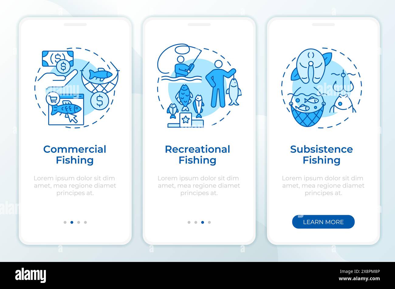 Types de pêche écran bleu de l'application mobile Onboarding Illustration de Vecteur