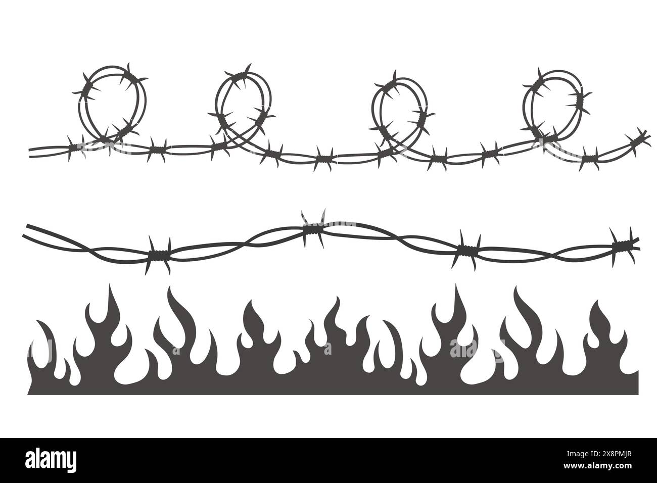 Set Wire Barb Heart, bordure de tatouage y2k, silhouette de flamme gothique Spiky punk imprimé motif néo tribal isolé sur fond blanc. Limite d'emo barbwire. Illustration vectorielle Illustration de Vecteur