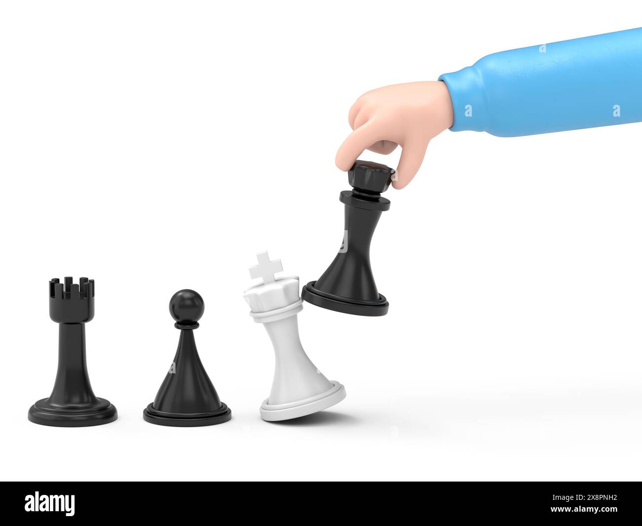 Stratégie commerciale. Stratège tenant dans la main la figure d'échecs noir roi. Victoire au combat. Planification et gestion du concept. Succès gagnant.rendu 3D. Banque D'Images