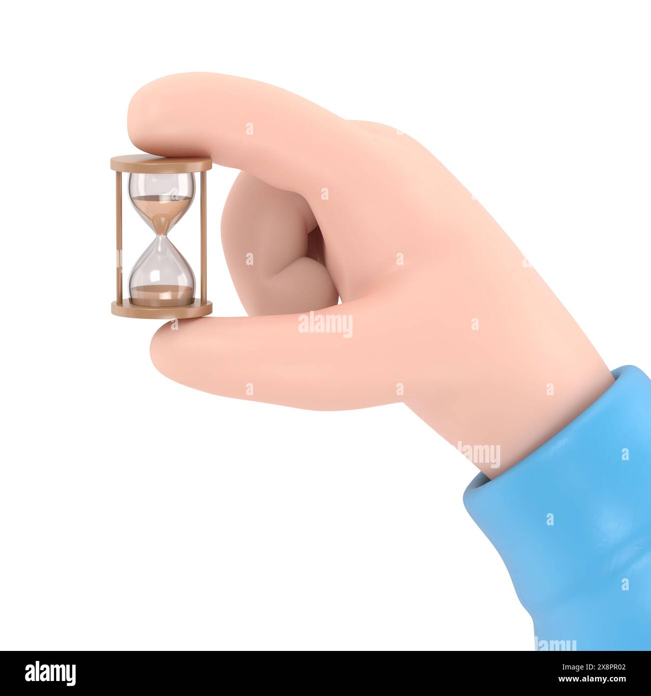 Maquette d'icône de geste de dessin animé. Icône en forme de sablier. Tenant le sablier dans la main. conception de dessins animés d'illustration 3d. Contrôle de la gestion du temps.renderi 3D. Banque D'Images