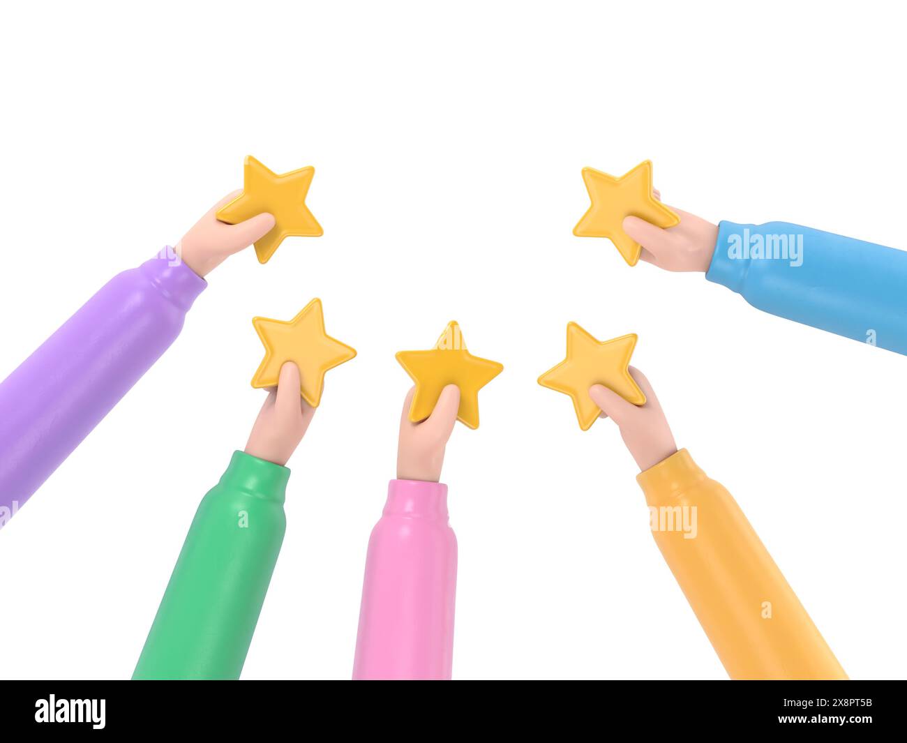 Illustration 3D de la main donnant cinq étoiles. Les clients choisissent une note de satisfaction et laissent des commentaires positifs. Concept de service à la clientèle et u Banque D'Images