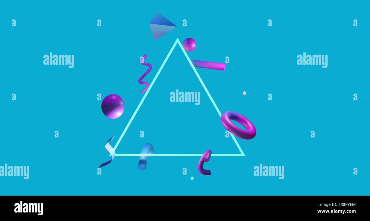 Image de formes abstraites se déplaçant à côté d'un triangle sur fond bleu Banque D'Images