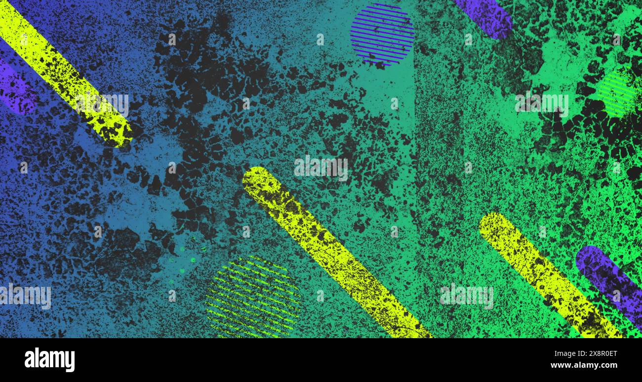 Image d'éclaboussure de couleur noire sur des formes géométriques sur fond bleu Banque D'Images