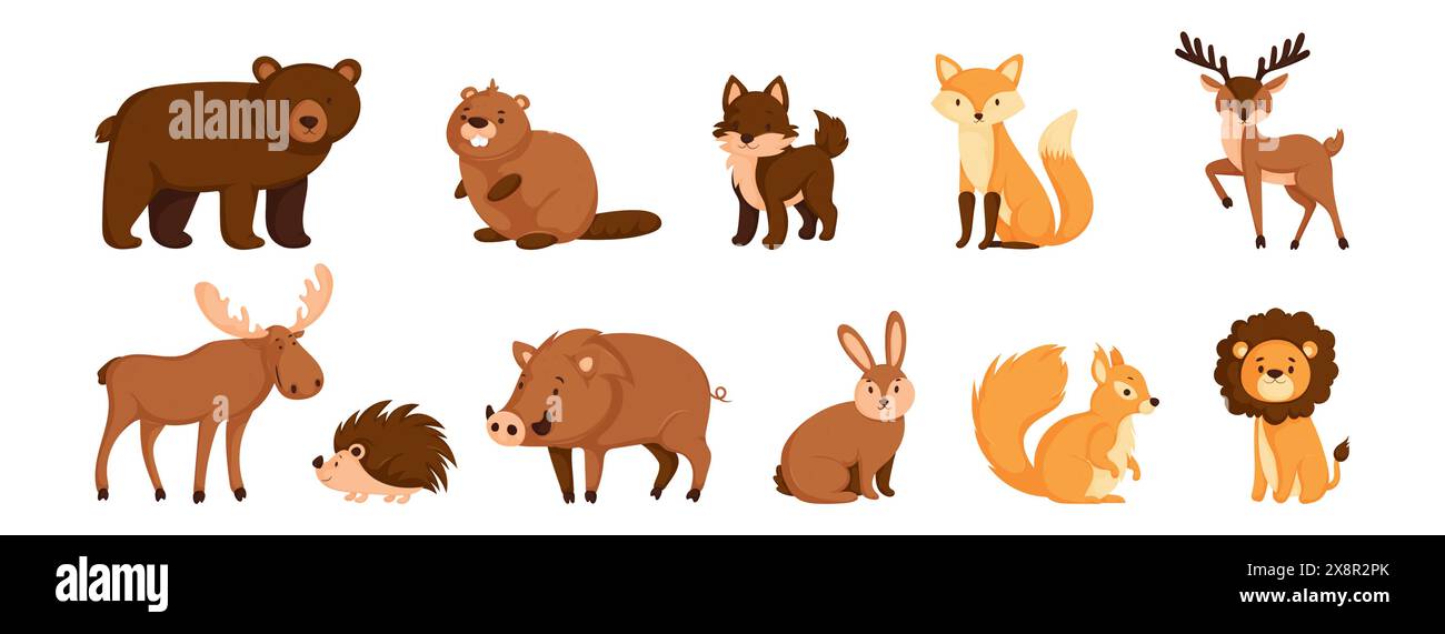 Adorable collection d'animaux de forêt de dessins animés. Ours, castor, renard, cerf, orignal, illustrations de porc-épic, sanglier, lapin, écureuil et lion pour les images de stock Illustration de Vecteur