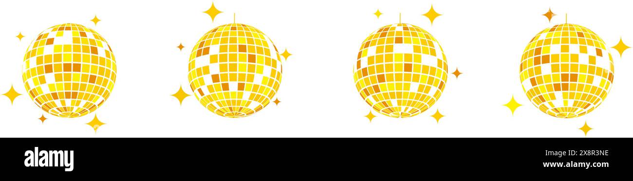 Icônes discoball dorées. Music Party jaune mirrorballs dans le style discothèque des années 70 des années 80 des années 90. Globes de boîte de nuit brillants avec des blings. Vie nocturne, vacances Illustration de Vecteur