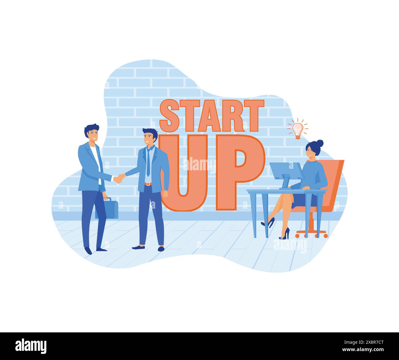 Moments de démarrage d'entreprise. Nouvelles idées, recherche d'investisseur, augmentation des profits. Homme d'affaires et femme d'affaires concluent un contrat. mod. vectoriel plat Illustration de Vecteur