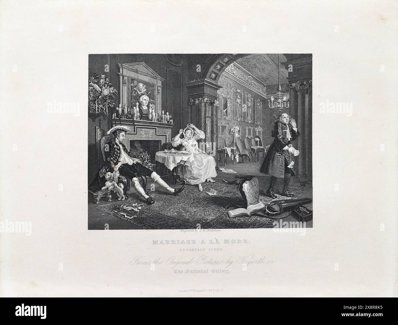 Illustration en noir et blanc : 'scène du petit déjeuner'. Gravure d'après William Hogarth (1697 - 1764) de sa série, 'Marriage a la mode' Banque D'Images