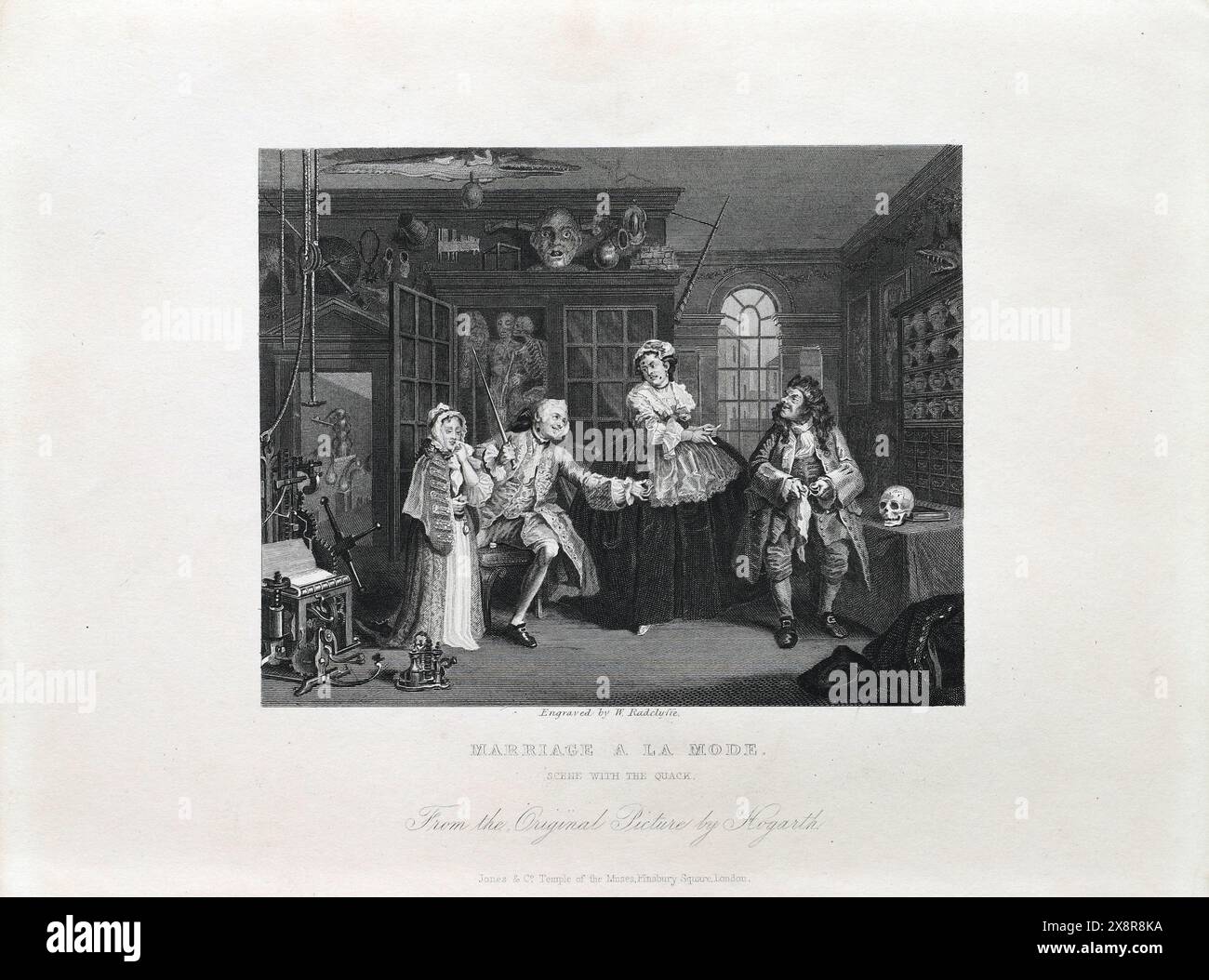 Illustration en noir et blanc : 'scène avec le Quack'. Gravure d'après William Hogarth (1697 - 1764) de sa série, 'Marriage a la mode' Banque D'Images