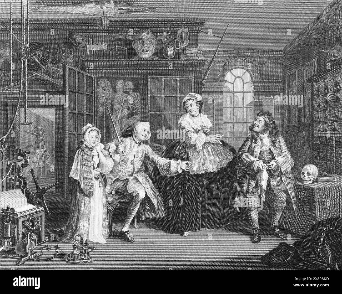 Illustration en noir et blanc : 'scène avec le Quack'. Gravure d'après William Hogarth (1697 - 1764) de sa série, 'Marriage a la mode' Banque D'Images