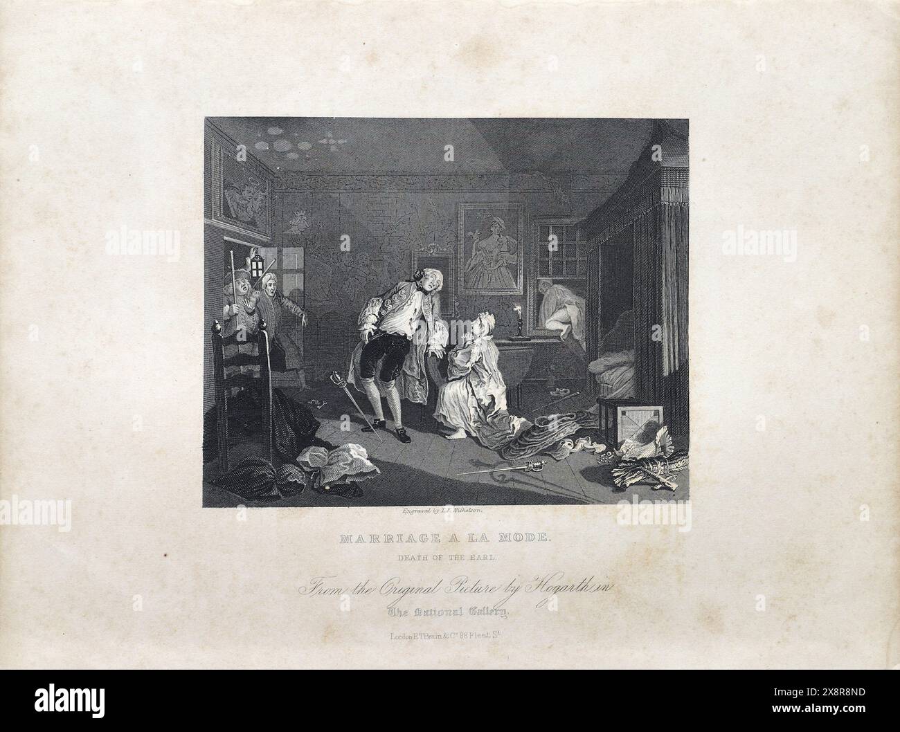 Illustration en noir et blanc : 'mort du comte'. Gravure d'après William Hogarth (1697 - 1764) de sa série, 'Marriage a la mode' Banque D'Images