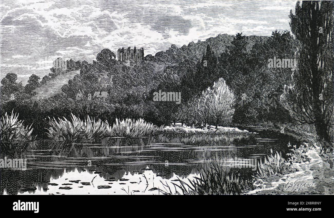 Les ruines de la chapelle Sainte-Catherine, colline Sainte-Catherine, Guildford, Surrey, vues de la rivière. Illustration en noir et blanc Banque D'Images