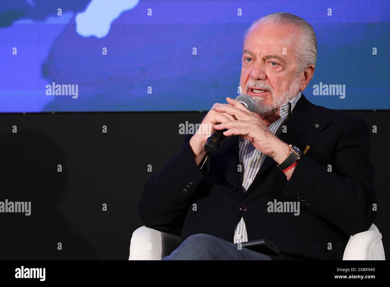 Trentola Ducenta, Italie, 27 mai 2024. Le président de l'équipe de football de Naples, Aurelio de Laurentiis, lors de la conférence "L'Italie est-elle un pays raciste?". Crédit : Marco Cantile/Alamy Live News Banque D'Images