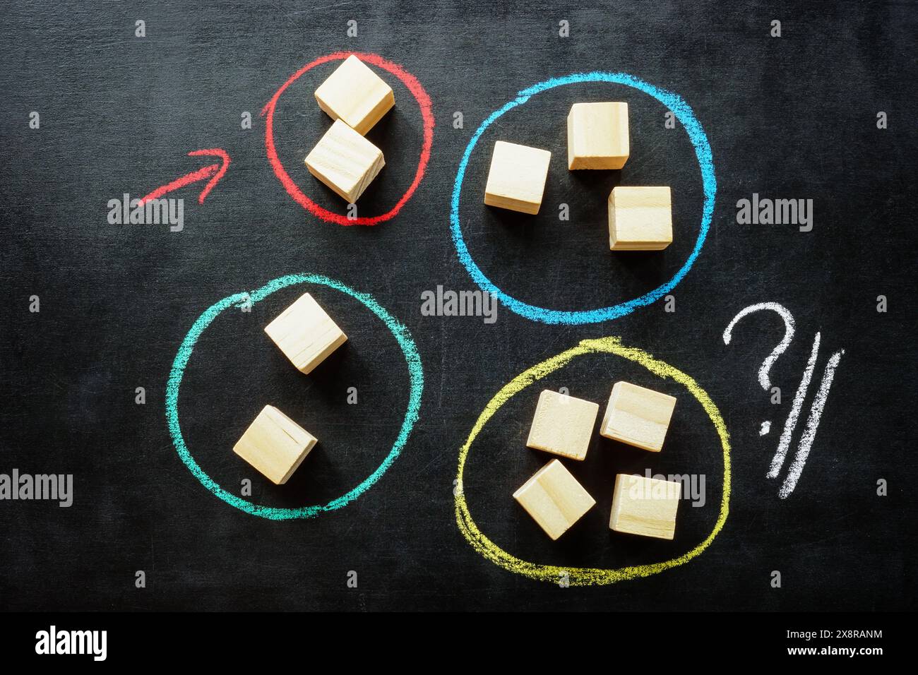 Différents groupes de cubes avec des marques de craie. Concept de segmentation marketing des clients. Banque D'Images