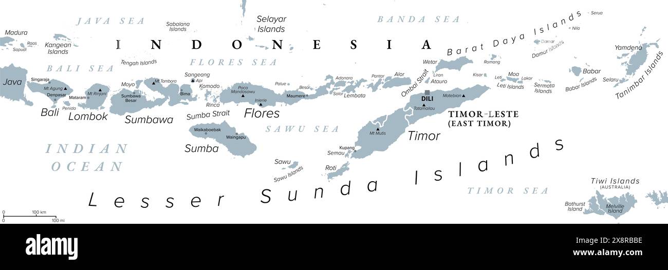 Îles de la Sunda, Indonésie, carte politique grise. Îles Nusa Tenggara, archipel en Asie du Sud-est. Partie de l'Arc volcanique de Sunda. Banque D'Images