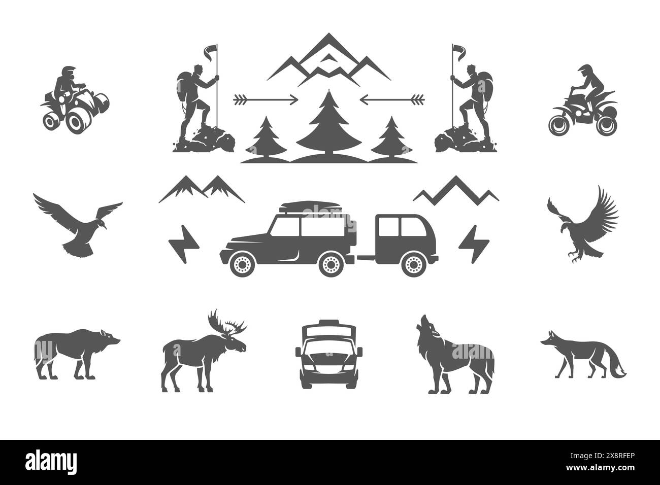 Camping et aventures en plein air éléments de conception et icônes Set illustration vectorielle. Montagnes, animaux sauvages et autres. Bon pour les t-shirts, les tasses, les salutations Illustration de Vecteur