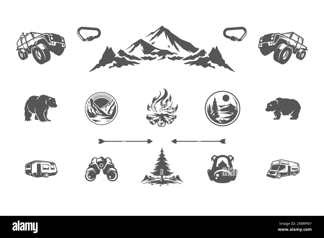 Camping et aventures en plein air éléments de conception et icônes Set illustration vectorielle. Montagnes, animaux sauvages et autres. Bon pour les t-shirts, les tasses, les salutations Illustration de Vecteur