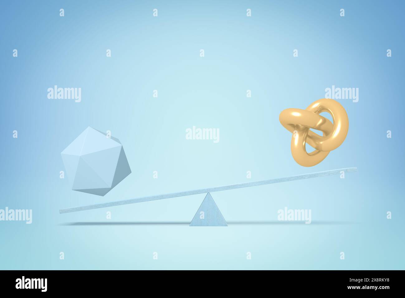 rendu 3d de l'icosaèdre bleu et nœud de trèfle doré placé sur la balançoire bleue sur fond bleu clair avec espace de copie. Banque D'Images