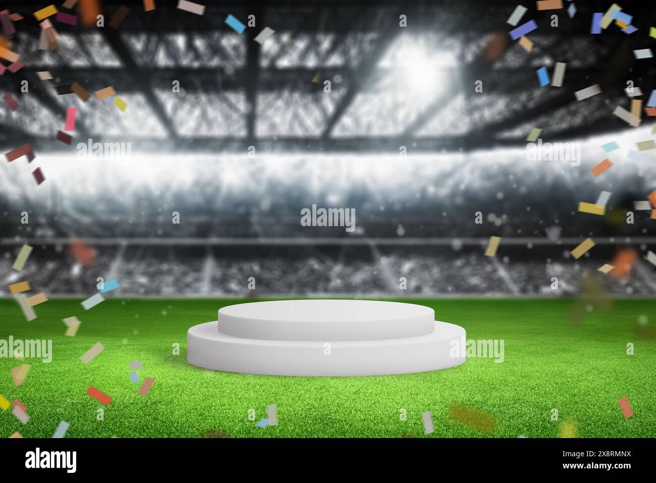 Piédestal dans un stade de football entouré de confettis de championnat, idéal pour la promotion de produit ou de marque, capturant l'essence de la victoire et de la célébration Banque D'Images