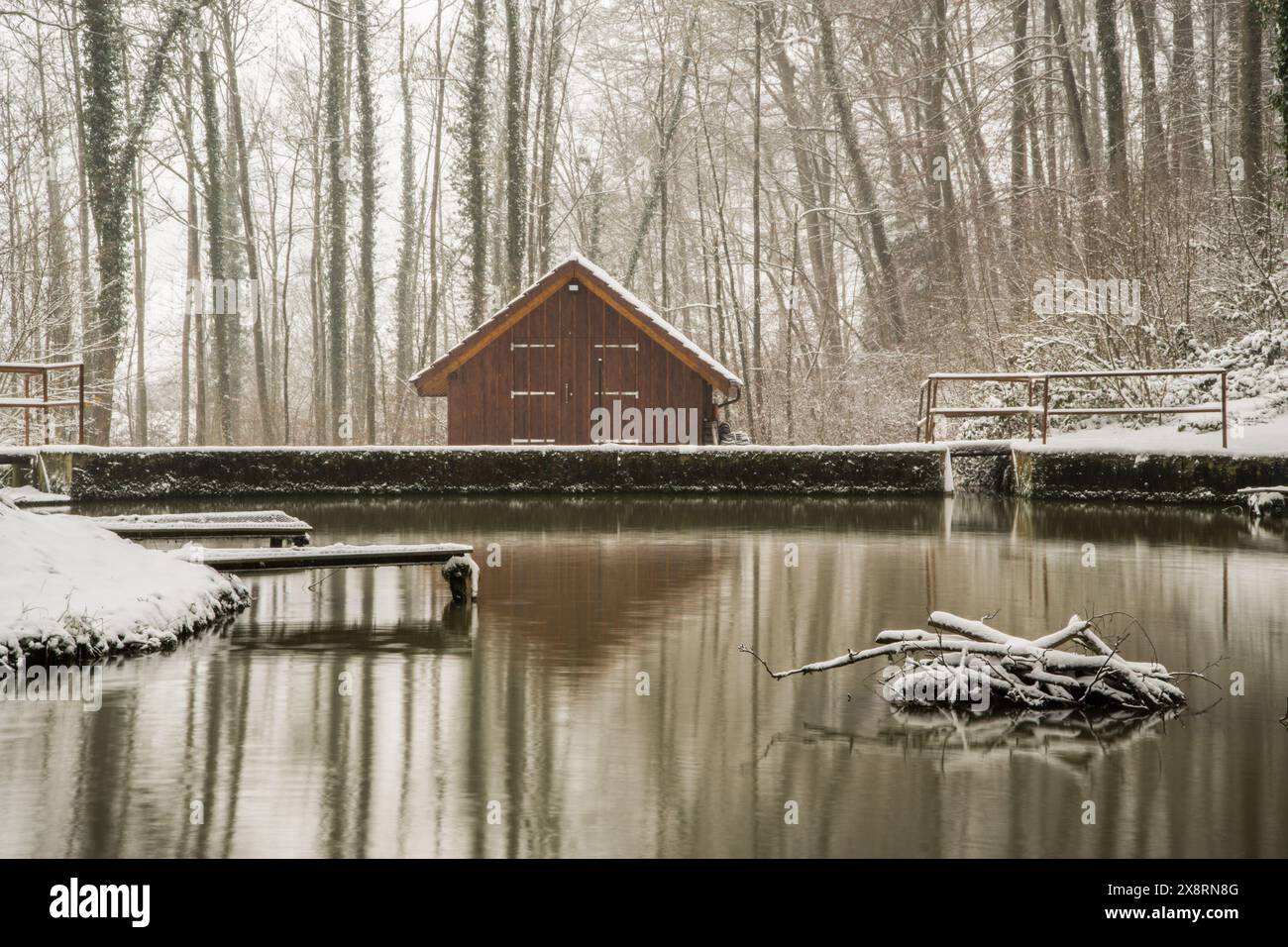 Schelloch, Zwingen, Suisse, Zwingen BL, Baselland, Baselbiet, Laufental, Brislach, Brislach BL, pisciculture, étang de pêche, cascade Banque D'Images