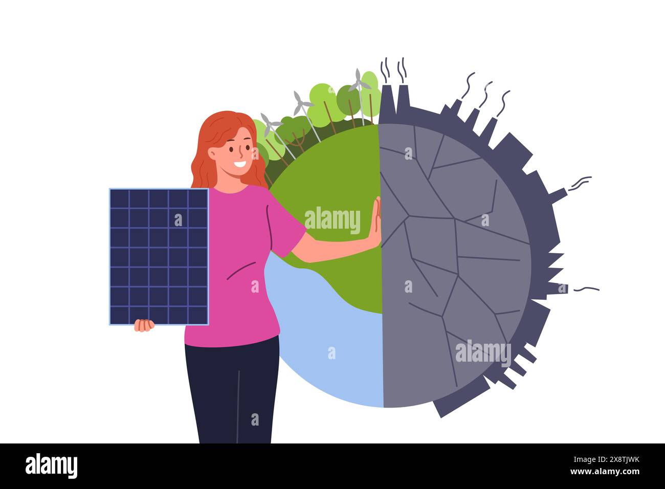 Femme éco activiste avec des panneaux solaires près de la planète, appelant au développement de l'énergie alternative Illustration de Vecteur
