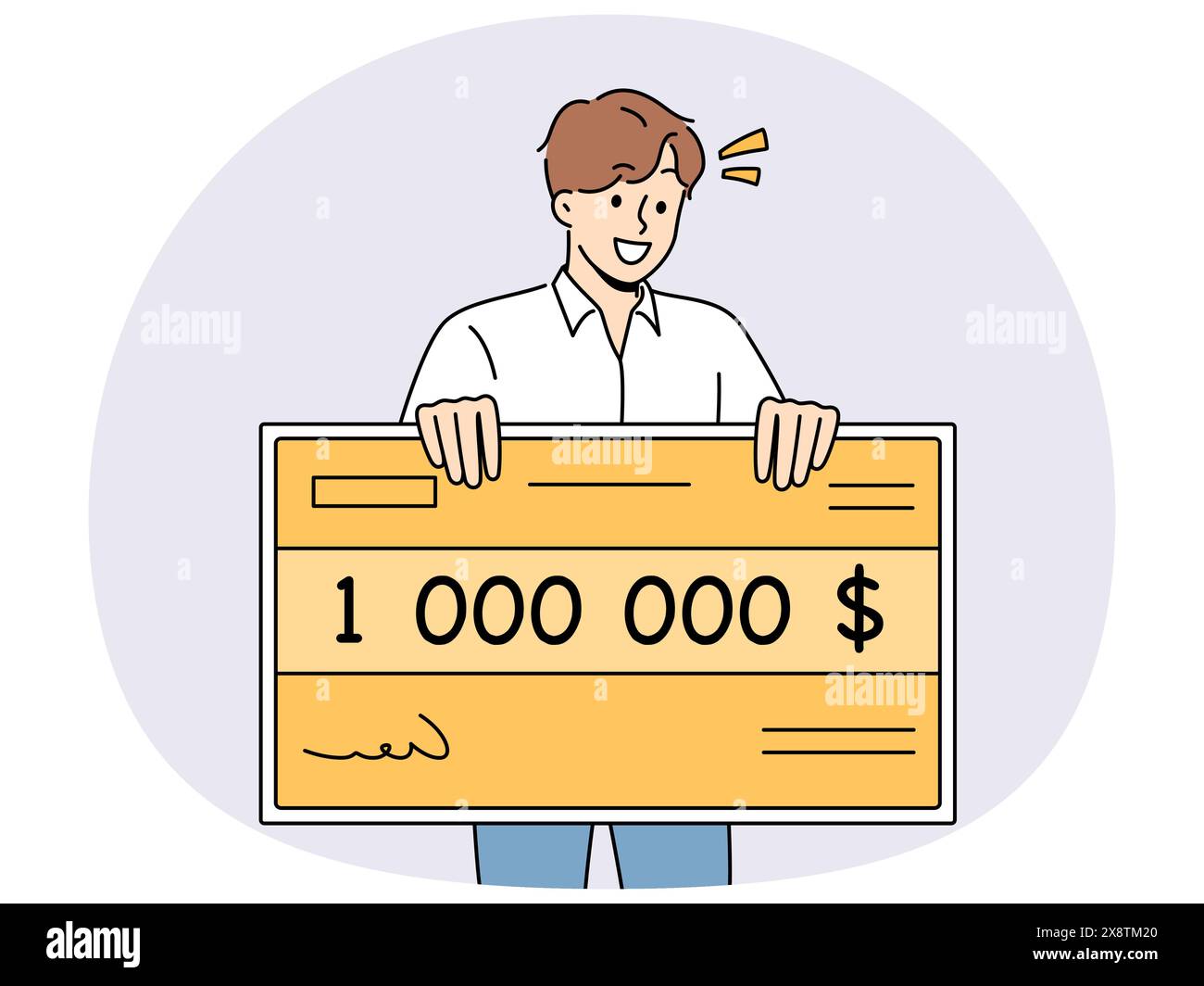 Un homme heureux tenant un certificat de million de dollars se réjouissant de gagner une loterie ou un casino. Un jeune homme chanceux avec un chèque géant pour des millions de dollars sourires après avoir gagné le prix en argent en compétition. Illustration de Vecteur
