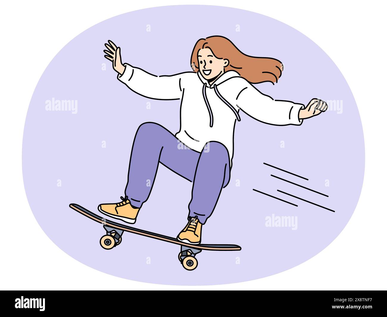 Une jeune femme courageuse fait des cascades aériennes en rebondissant sur une rampe dans un parc à roulettes. Jeune femme souriante à la planche à roulettes et à la pratique de sports extrêmes qui souhaitent devenir skateboarder professionnel Illustration de Vecteur